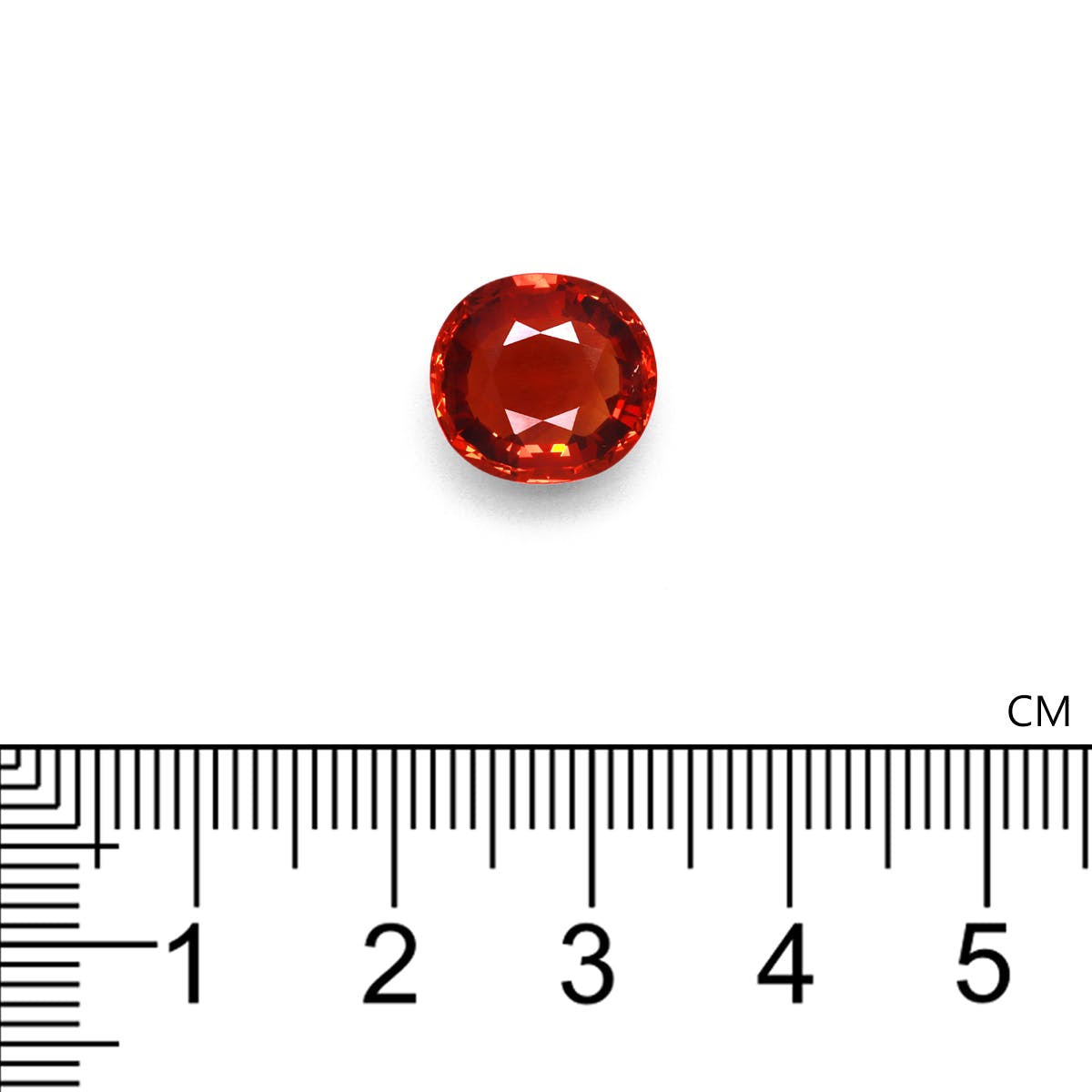 Un Grenat Spessartite de 5,91 carats de Bonnot Paris, taille ronde et rouge, est présenté sur un fond blanc à côté d'une règle noire et blanche, indiquant une échelle de 6 centimètres.