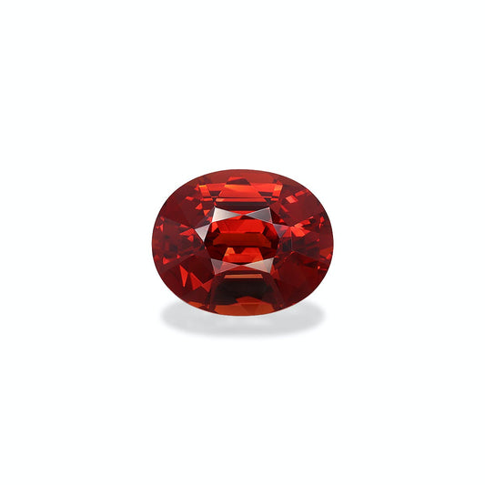 La Grenat Spessartite Bonnot Paris, une pierre précieuse rouge foncé de 7,76 ct à taille ovale avec des facettes réfléchissant la lumière, est centrée sur un fond blanc uni.