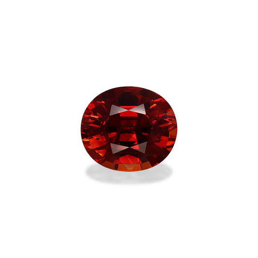 Une pierre précieuse ronde facettée de grenat spessartite de Bonnot Paris, pesant 6,15 carats, est sertie sur un fond blanc. Sa couleur rouge intense et profonde et ses multiples facettes reflètent magnifiquement la lumière.