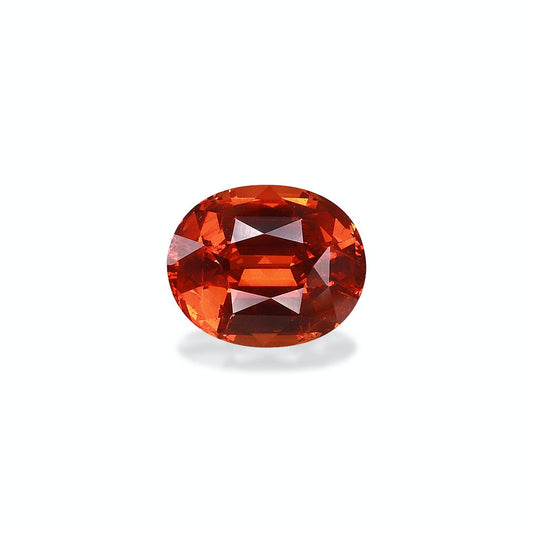 Pierre précieuse Grenat Spessartite orange facettée de forme ovale par Bonnot Paris, 5,68 ct, sur fond blanc uni.