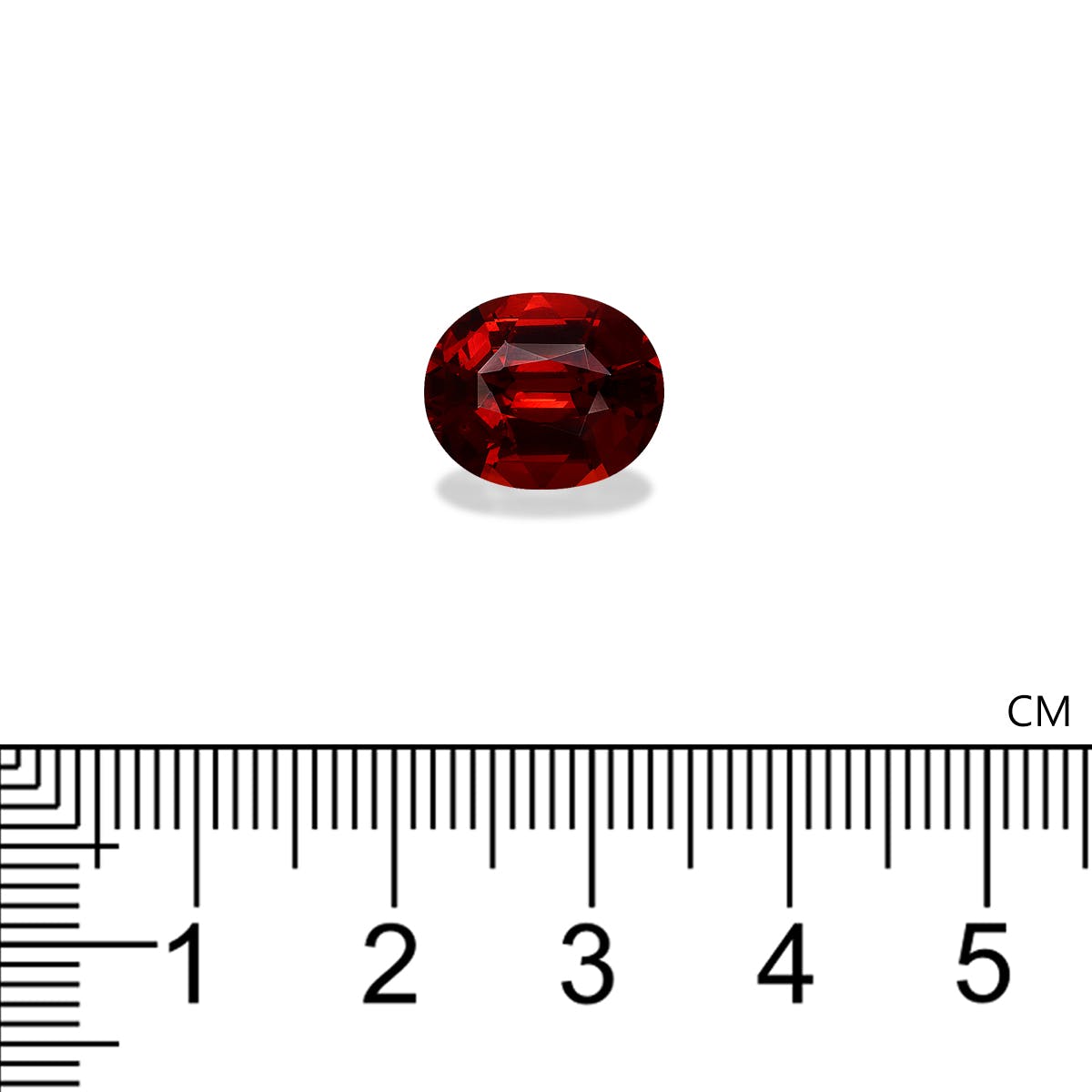 Une pierre précieuse Grenat Spessartite rouge foncé pesant 6,4 ct de Bonnot Paris est présentée sur un fond blanc au-dessus d'une règle noire mesurant environ 0,9 cm de largeur.