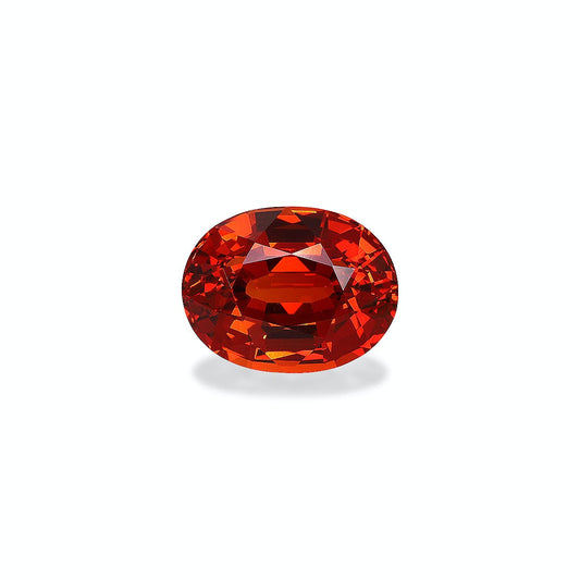 Le Grenat Spessartite de Bonnot Paris, une pierre précieuse orange taille ronde vibrante de 4,66 ct, présente des facettes réfléchissant la lumière et est présenté sur un fond blanc uni.