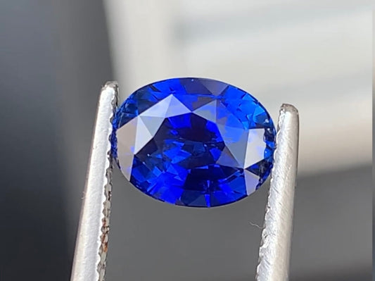 Un Saphir Bleu taille ovale étincelant (2,2 ct) de Bonnot Paris est maintenu solidement par une pince en métal, reflétant la lumière dans diverses nuances de bleu profond.