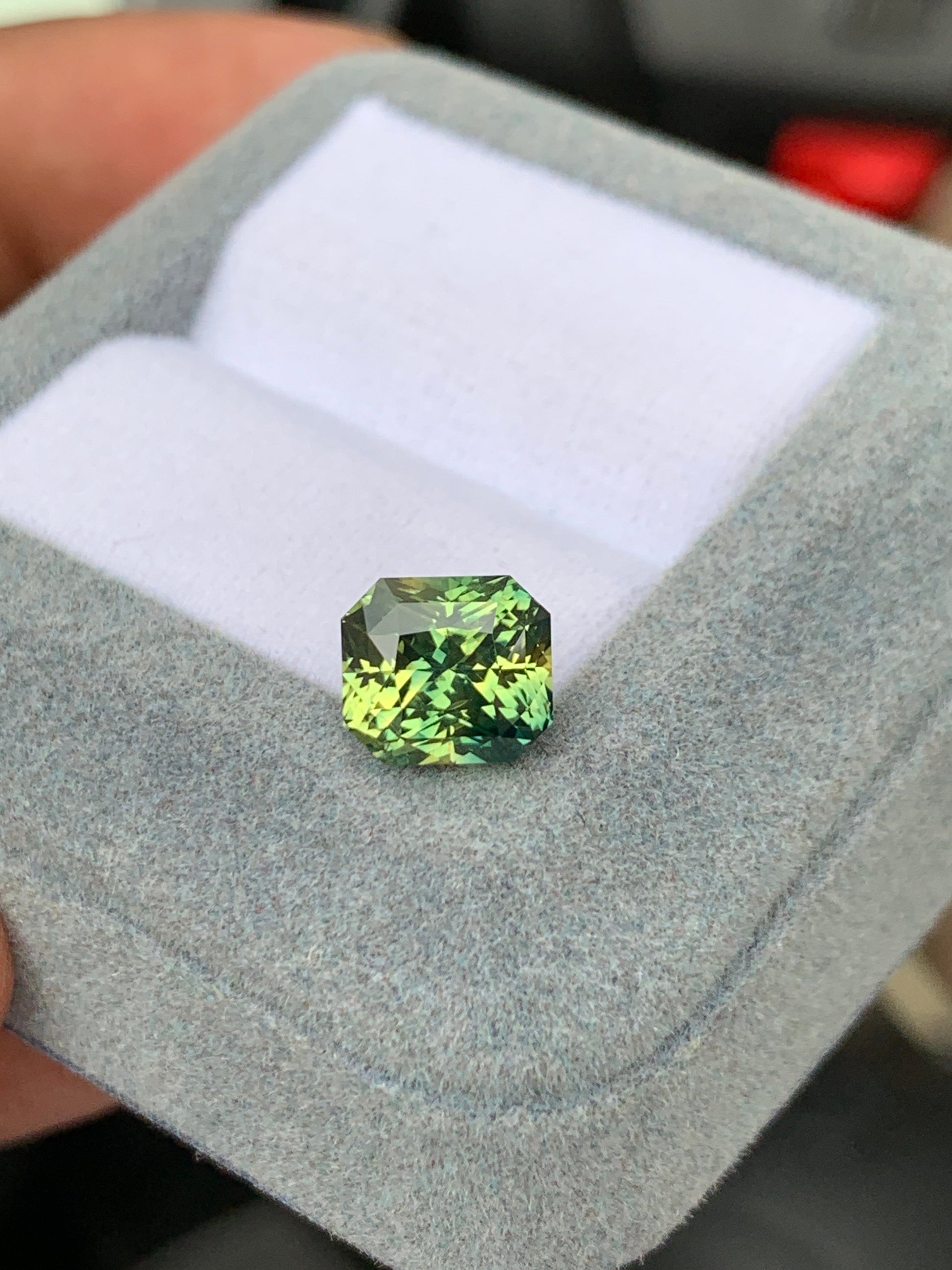 Présenté dans un écrin de velours gris, le Saphir Vert • 4,02 ct de Bonnot Paris, en provenance de Madagascar, éblouit par sa taille radieuse. Ses facettes reflètent magnifiquement la lumière, affichant une palette de nuances vertes, du clair au foncé, qui soulignent sa clarté et la finesse de son savoir-faire.