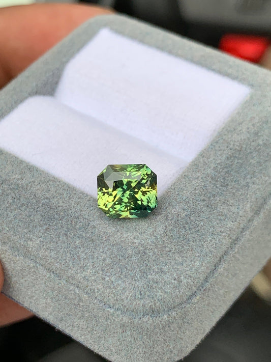 Présenté dans un écrin de velours gris, le Saphir Vert • 4,02 ct de Bonnot Paris, en provenance de Madagascar, éblouit par sa taille radieuse. Ses facettes reflètent magnifiquement la lumière, affichant une palette de nuances vertes, du clair au foncé, qui soulignent sa clarté et la finesse de son savoir-faire.
