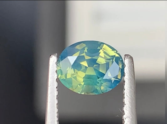 Gros plan du Saphir bicolore Bonnot Paris, une pierre précieuse multicolore de 1,18 carat aux nuances de bleu et de vert, maintenue par une pince blanche sur un fond flou.