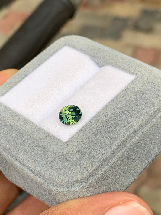 Une main présente un petit coffret à bijoux gris orné d'un magnifique Saphir bicolore • 1,51 ct de Bonnot Paris, serti sur un coussin blanc. Cette pierre précieuse sri-lankaise éblouissante présente un mélange de tons verts foncés et clairs. Le fond flou rehausse son charme naturel.