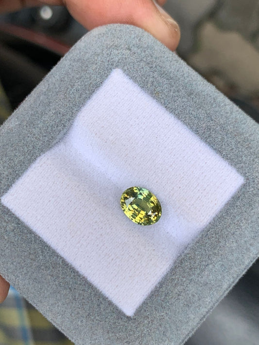 Une main tient un saphir bicolore vert clair de 2,03 carats de Madagascar par [NOUVEAU] Bonnot Paris, élégamment présenté sur un coussin carré blanc et enfermé dans une boîte en velours gris.