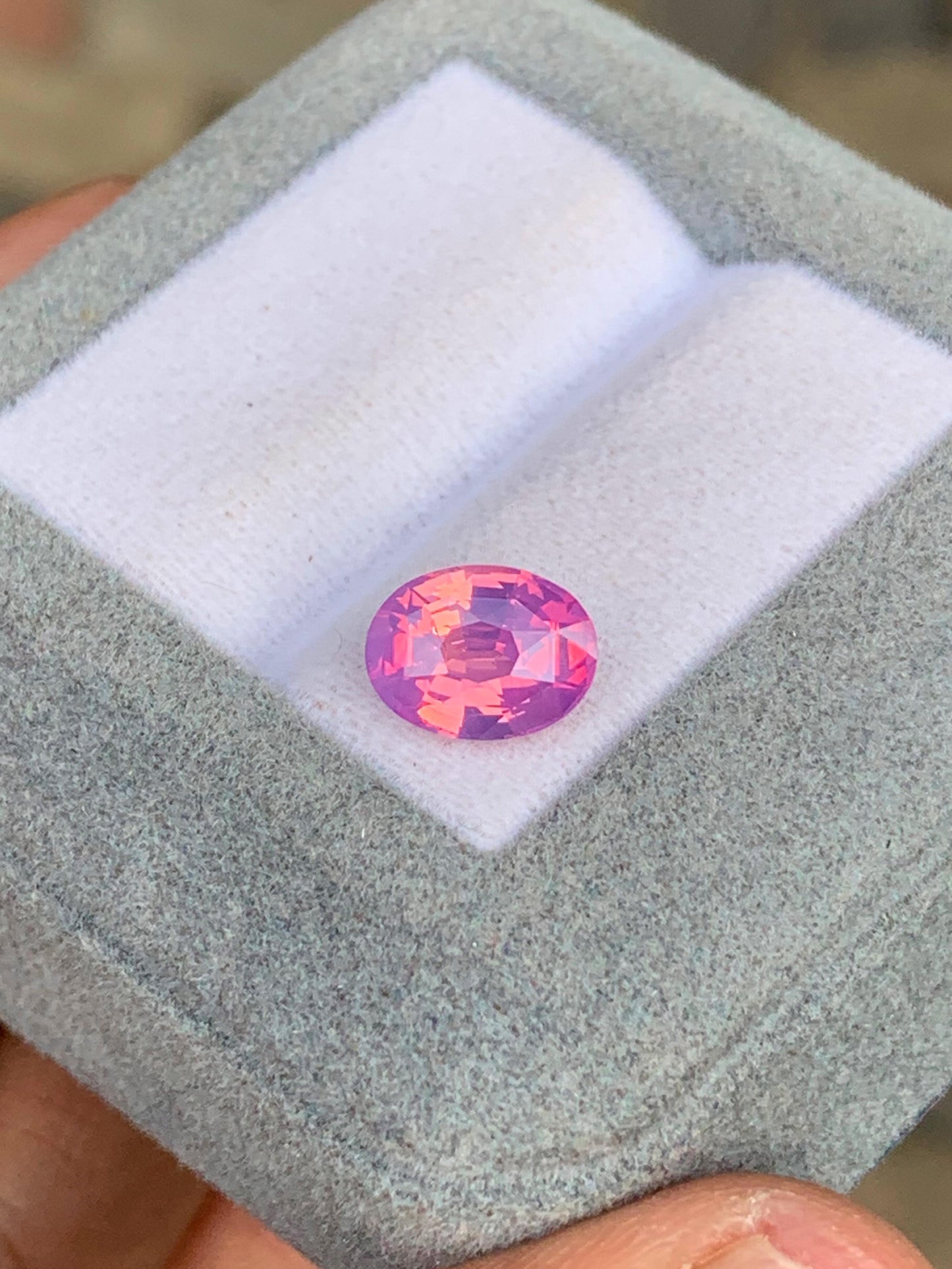 Un Saphir bicolore ovale rose vibrant • 2,50 ct de [NOUVEAU] Bonnot Paris, rappelant une pierre précieuse sri-lankaise rare, est présenté sur une boîte grise avec un intérieur blanc, tenu dans la main de quelqu'un.