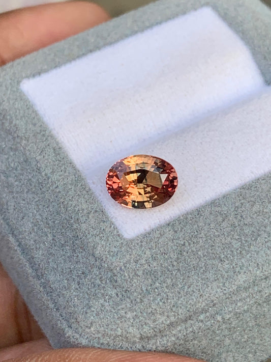 Le Saphir bicolore • 2,55 ct de [NOUVEAU] Bonnot Paris, une pierre précieuse de Madagascar taille ovale, scintille de ses reflets orangés et roses. Il repose dans un écrin gris sur un coussin blanc et est délicatement tenu par une main partiellement visible.