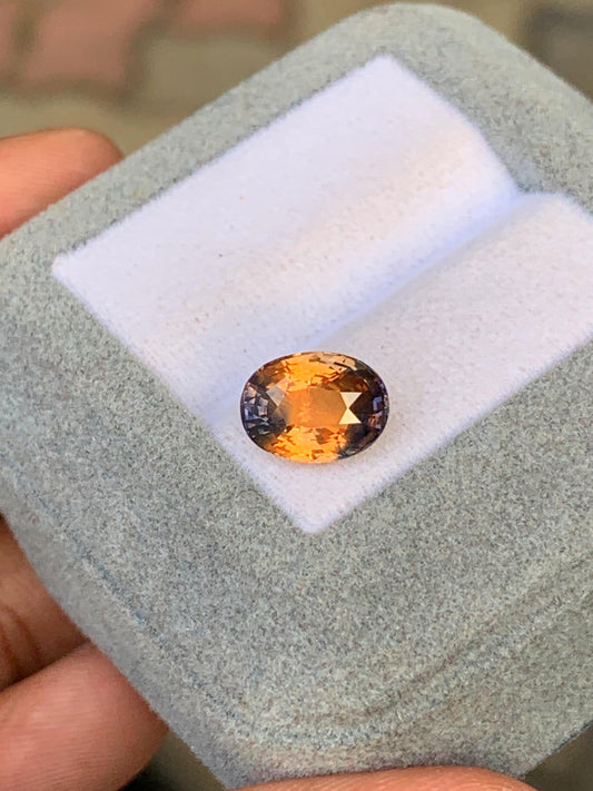 Le Saphir bicolore • 3,15 carats de [NOUVEAU] Bonnot Paris, une exquise pierre précieuse orange taille ovale de Madagascar, est présenté dans un écrin en velours gris clair. Ses teintes vibrantes de jaune et de brun contrastent magnifiquement avec la doublure blanche, tandis qu'il repose dans la main sur un fond flou.