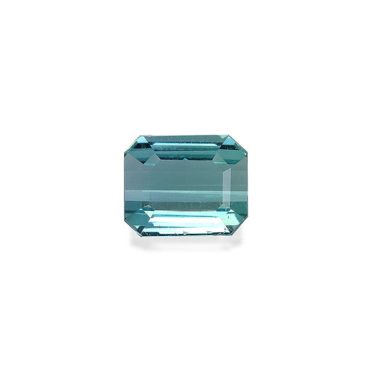 La Tourmaline Bleue de Bonnot Paris est une pierre précieuse rectangulaire taille émeraude bleu-vert de 1,47 ct aux bords biseautés, présentant une surface claire et réfléchissante sur un fond blanc uni.