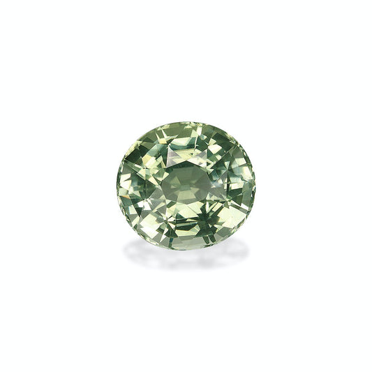 La Tourmaline Verte Bonnot Paris · 7,79 ct est une pierre précieuse verte ronde et facettée avec une surface réfléchissante semblable à du verre sur un fond blanc uni.
