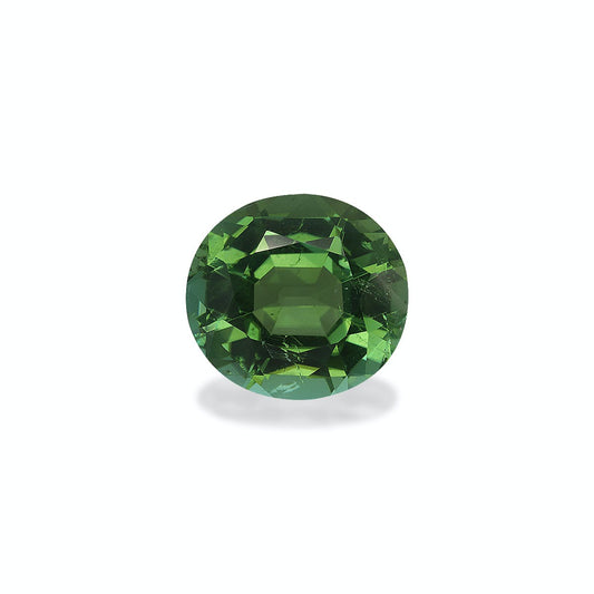 La Tourmaline Verte · 6,67 ct de Bonnot Paris, une pierre ronde et facettée, est présentée sur un fond blanc. Sa teinte vert profond et ses multiples facettes reflètent la lumière, créant un effet scintillant avec des ombres visibles en dessous.
