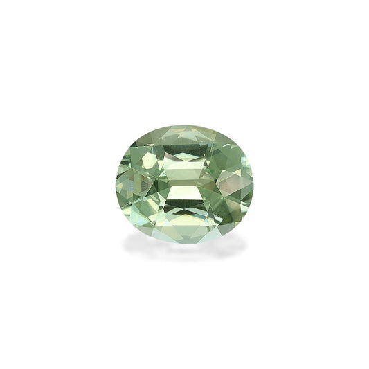 Une éblouissante tourmaline verte ovale de Bonnot Paris, pesant 7,3 carats, se détache sur un fond blanc. Cette pierre facettée présente un spectre de tons verts clairs à foncés, avec des reflets visibles.