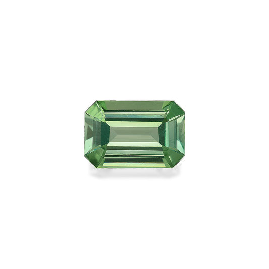 Bonnot Paris présente la Tourmaline Verte, une pierre précieuse verte taille émeraude de 4,82 carats sertie sur un fond blanc, mettant en valeur sa forme rectangulaire et ses facettes réfléchissantes.