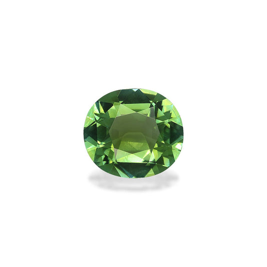 Bonnot Paris présente la Tourmaline Verte · 4,1ct, une pierre précieuse ronde et facettée d'un vert vibrant aux coupes géométriques reflétant élégamment la lumière sur un fond blanc.
