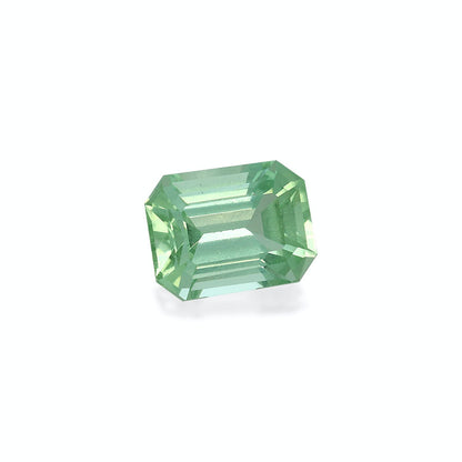 La Tourmaline Verte de 2,43 ct de Bonnot Paris est une pierre précieuse verte rectangulaire facettée sur un fond blanc uni, mettant en valeur sa surface transparente et brillante avec clarté et lumière se reflétant sur ses bords.