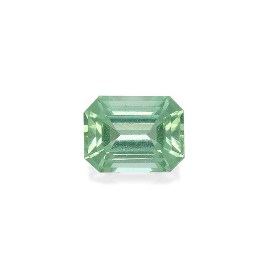 La Tourmaline Verte · 2,43 ct de Bonnot Paris est une pierre précieuse verte transparente taille émeraude avec des facettes géométriques qui reflètent la lumière, sertie sur un fond blanc uni pour mettre en valeur sa clarté et sa couleur vibrante.