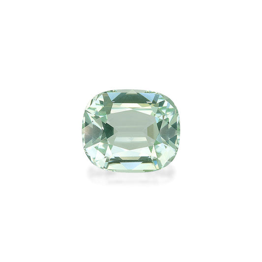 La Tourmaline Verte de Bonnot Paris, une pierre précieuse de 7,4 carats, affiche sa clarté et ses facettes complexes avec une taille coussin ovale sur un fond blanc vert pâle.