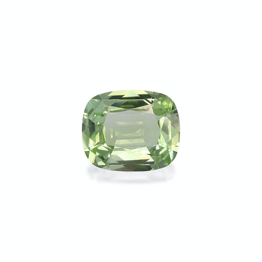 La Tourmaline Verte · 4,57 ct de Bonnot Paris présente une pierre précieuse verte rectangulaire polie aux coins arrondis, présentant une teinte vert clair et des facettes distinctes sur un fond blanc uni.