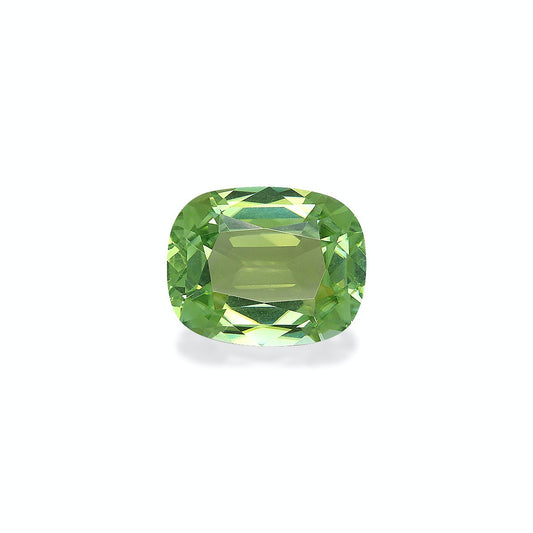 La Tourmaline Verte de Bonnot Paris, une pierre précieuse taille coussin de 6,19 carats, possède des facettes complexes qui reflètent brillamment la lumière, créant un effet scintillant sur un fond blanc uni.