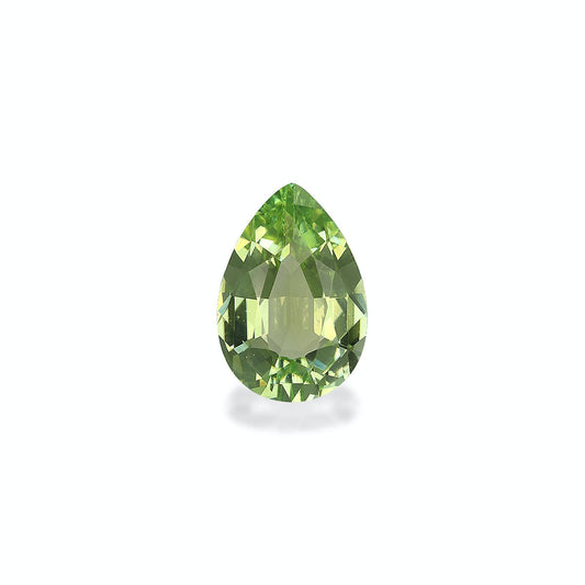 La Tourmaline Verte Bonnot Paris 3,65 ct est une pierre précieuse verte facettée en forme de poire avec une surface claire et réfléchissante centrée sur un fond blanc uni.