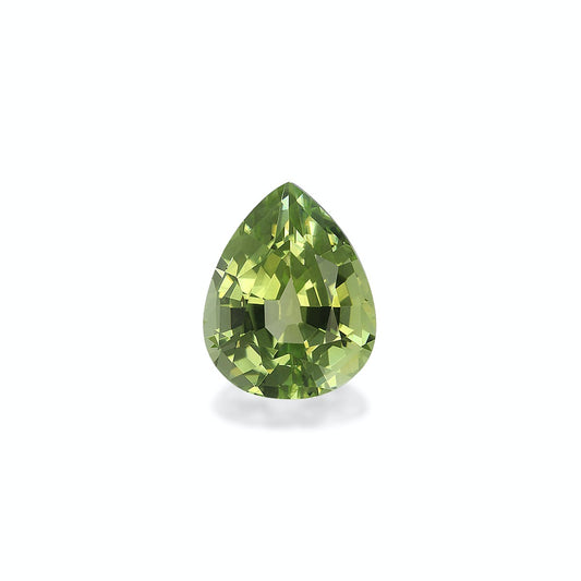 La Tourmaline Verte · 2,54ct de Bonnot Paris, une gemme verte en forme de poire aux facettes complexes, repose sur un fond blanc mettant en valeur sa couleur vibrante et sa clarté.