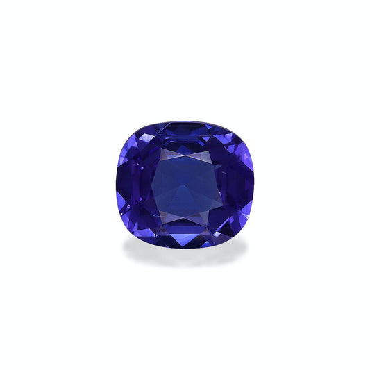 La Tanzanite Bonnot Paris, pesant 2,44 ct, présente une pierre bleu foncé taille coussin avec une subtile teinte violette et des facettes complexes qui scintillent sur un fond pâle.