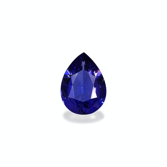 Une tanzanite poire de 3,56 carats de Bonnot Paris, taillée avec des facettes précises, reflète magnifiquement la lumière sur un fond blanc uni.