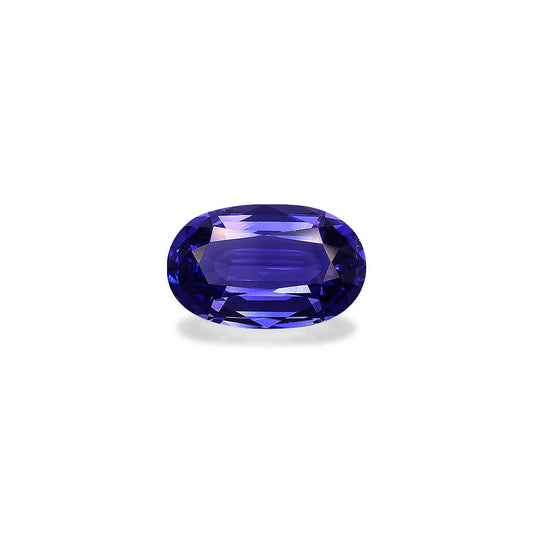 La Tanzanite Bonnot Paris, une pierre précieuse de taille ovale de 6,8 ct aux reflets violets profonds, est présentée sur un fond clair, mettant en valeur ses facettes et son éclat.