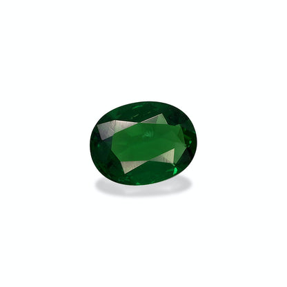Une pierre précieuse Grenat Tsavorite de forme ovale de 0,88 ct, vert foncé avec facettes visibles, de Bonnot Paris est centrée sur un fond gris clair, projetant une ombre subtile en dessous.