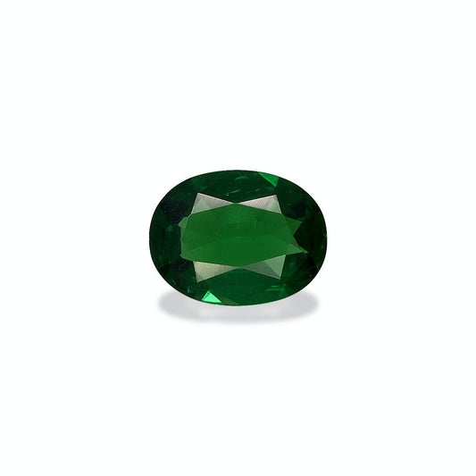 Une Grenat Tsavorite de forme ovale de 0,88 ct de Bonnot Paris, vert foncé avec une surface facettée, est centrée sur un fond blanc uni, projetant une ombre subtile en dessous.
