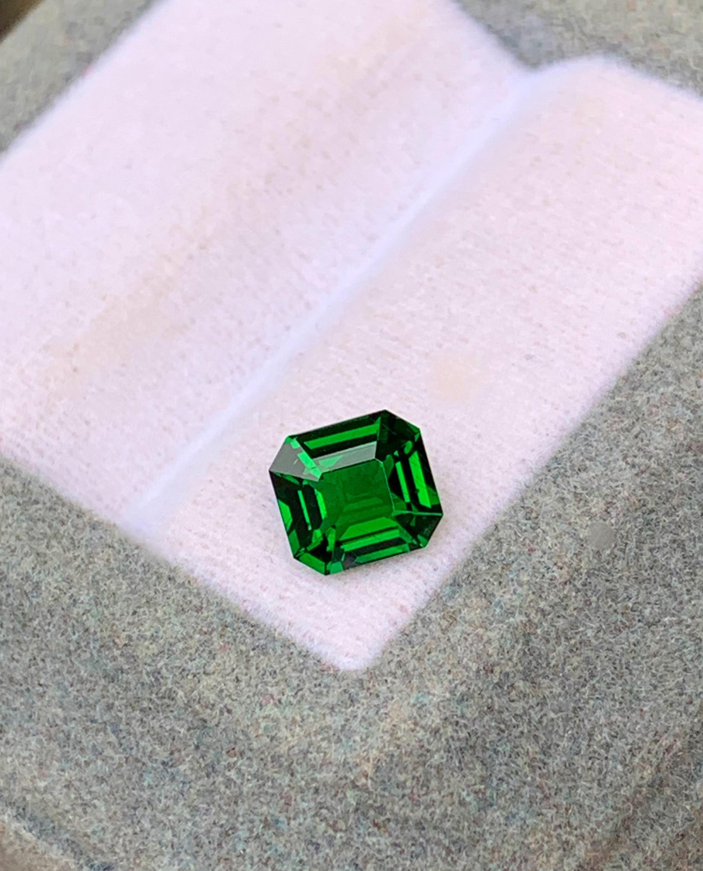 Présentée sur une surface coussinée rose clair dans une boîte grise, la Tsavorite de 1,12 carat de [NOUVEAU] Bonnot Paris capture la lumière avec ses facettes vibrantes, mettant en valeur sa riche teinte et sa clarté.