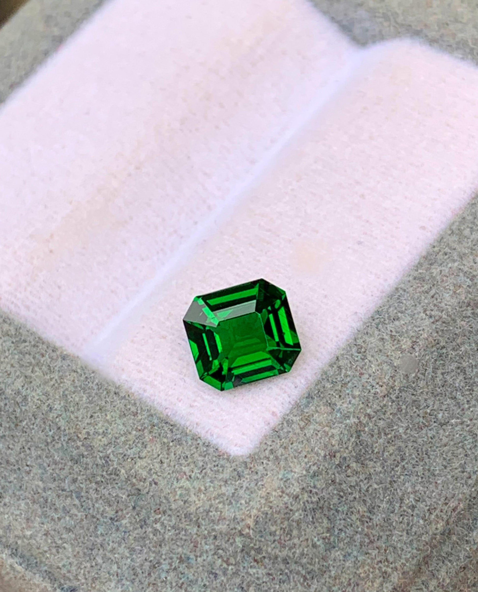 Présentée sur une surface coussinée rose clair dans une boîte grise, la Tsavorite de 1,12 carat de [NOUVEAU] Bonnot Paris capture la lumière avec ses facettes vibrantes, mettant en valeur sa riche teinte et sa clarté.