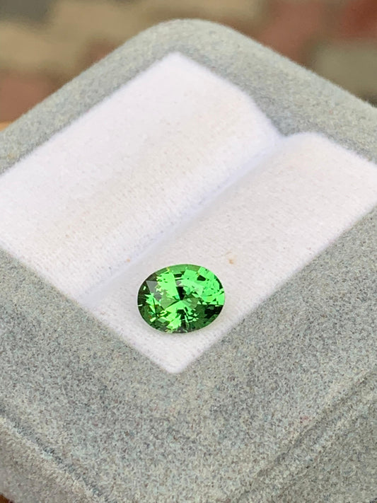 La Tsavorite de 1,52 carat de Bonnot Paris est présentée dans un écrin gris doux au fond flou. Cette pierre ovale scintille de facettes, mettant en valeur sa grande pureté et sa qualité.