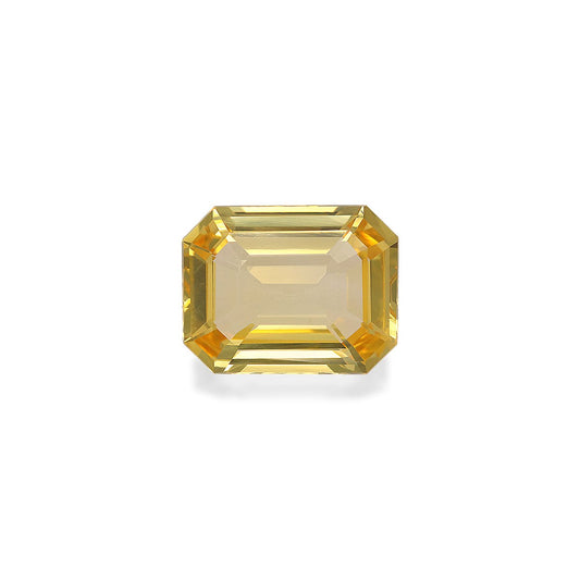 Le Saphir Jaune · 4,04 carats de Bonnot Paris, de forme rectangulaire aux bords biseautés et traité non chauffé, met en valeur sa teinte jaune vive et sa clarté exceptionnelle sur un fond blanc uni.