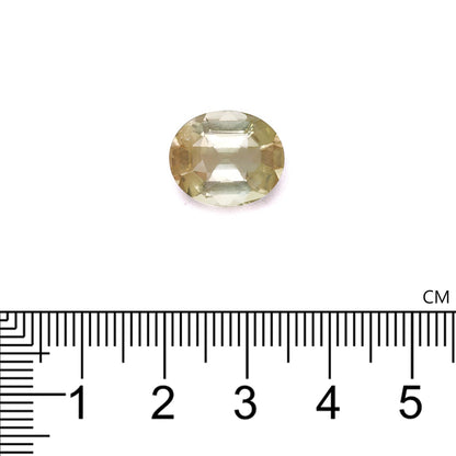 Une petite Tourmaline Jaune taille ovale · 6,64 ct de Bonnot Paris est placée sur une surface blanche au-dessus d'une règle graduée en centimètres, et elle semble mesurer environ 1,5 à 2 cm de longueur.