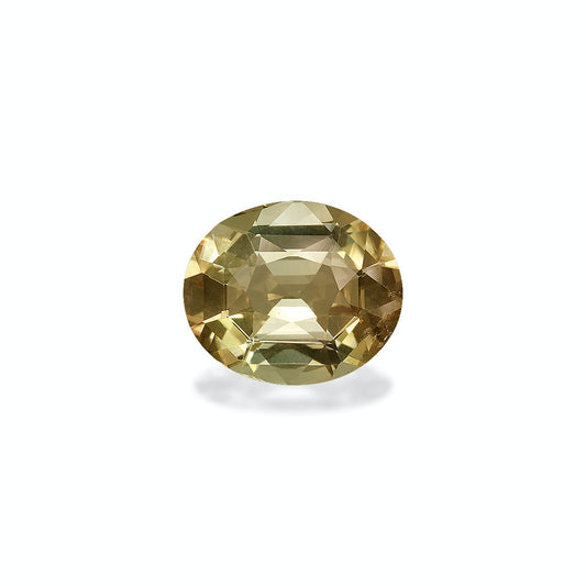 Une Tourmaline Jaune de 6,64 ct de Bonnot Paris, présentant une taille ronde et une teinte vert olive étincelante, est présentée sur un fond blanc uni avec une légère ombre en dessous.